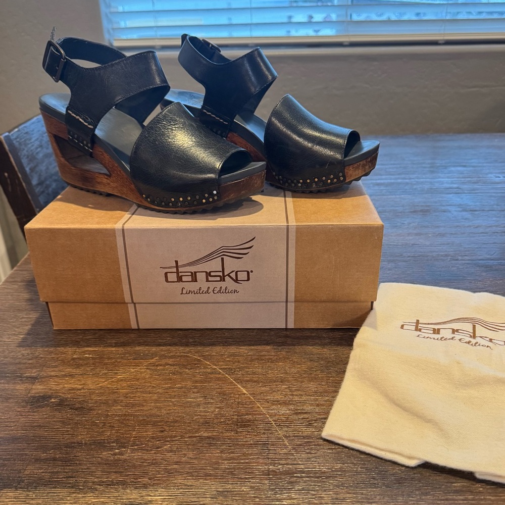 Dansko Black Leather Wedge Sandals